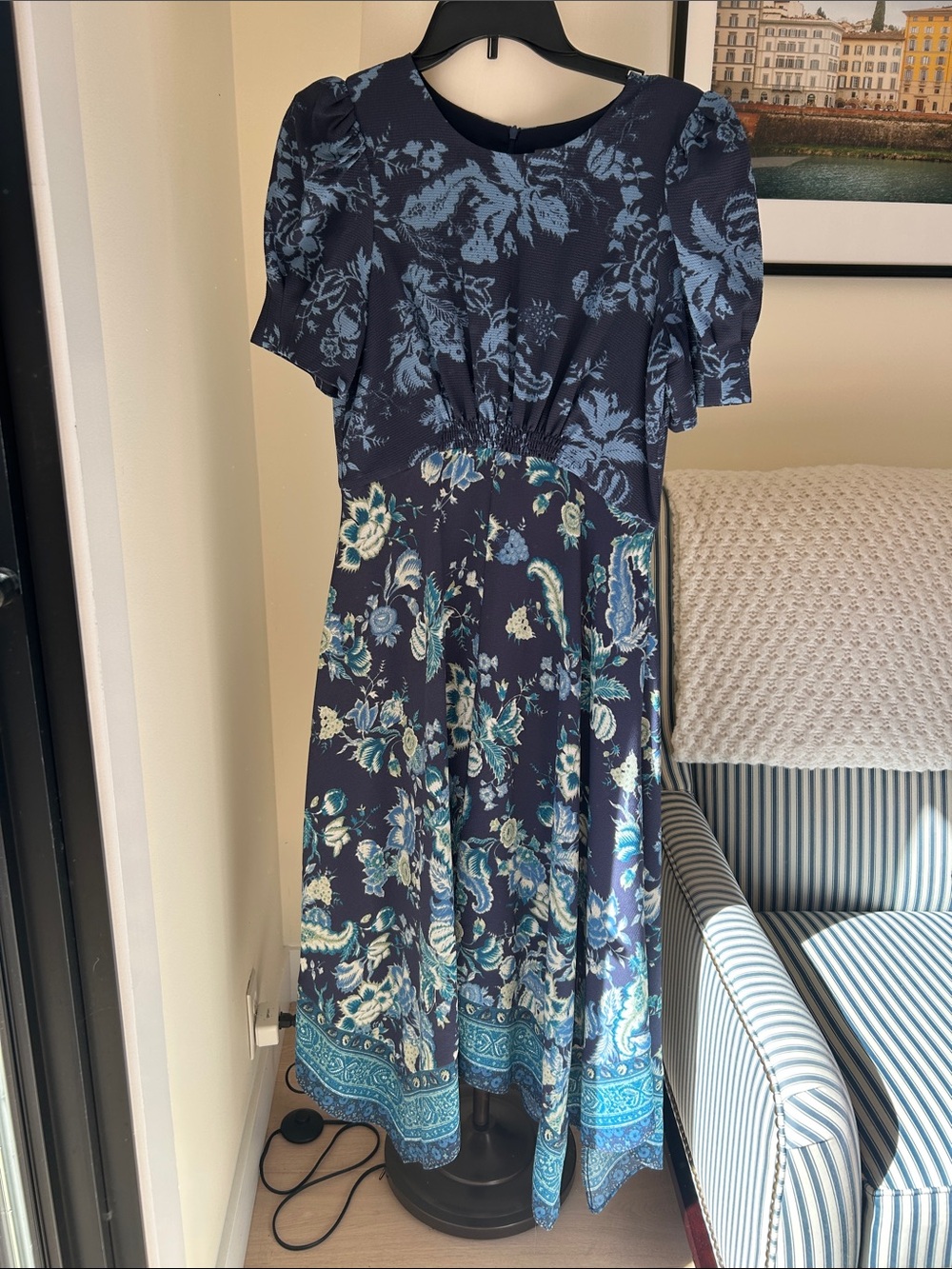 Vince Camuto Navy Blue Floral Midi Dress with Light Blue Accents